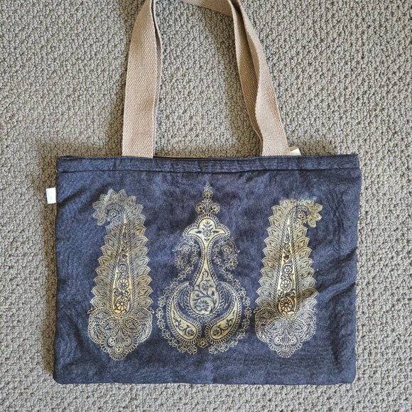 Brand New Indian Denim Jute Bag with gold Pattern, Made in India - Picture 1 of 8
